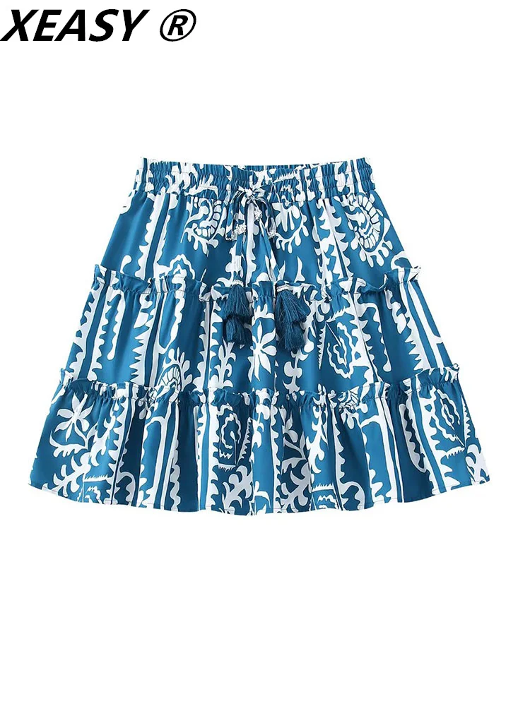 

XEASY Skirts Woman Fashion 2022 High-Waisted Skirt Mini Woman Clothes Summer Skirt Vintage Clothing Print