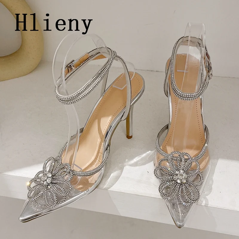 

Модные женские туфли-лодочки Hlieny с цветами и кристаллами, весна-осень, прозрачные туфли из ПВХ на высоком каблуке с острым носком, обувь для вечеринки и выпускного вечера
