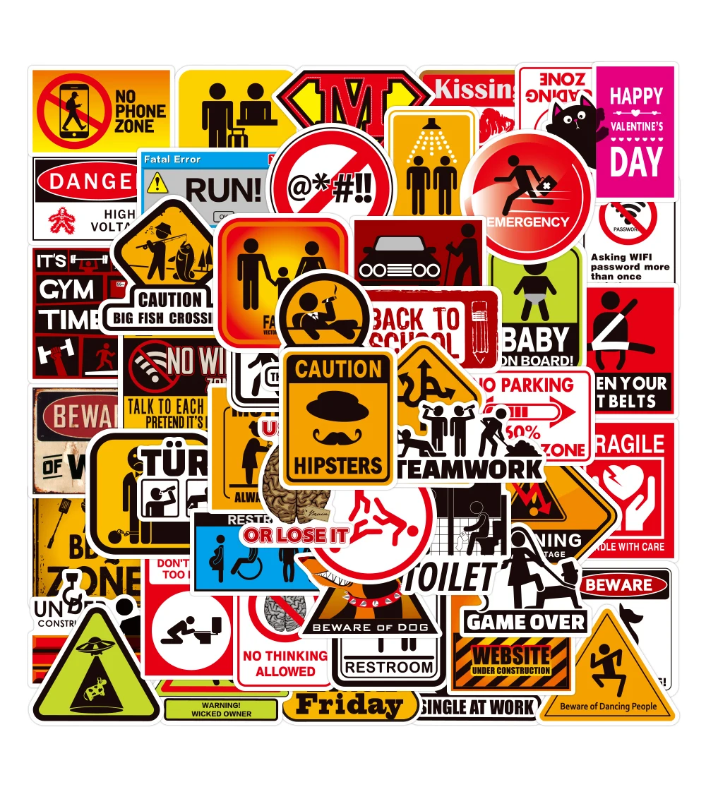 

50Pcs Pack Warn Sign Kids Toys Graffiti Stickers For Car Luggage Funny Motorcycle Diy Skateboard Guitar Waterproof Decals
