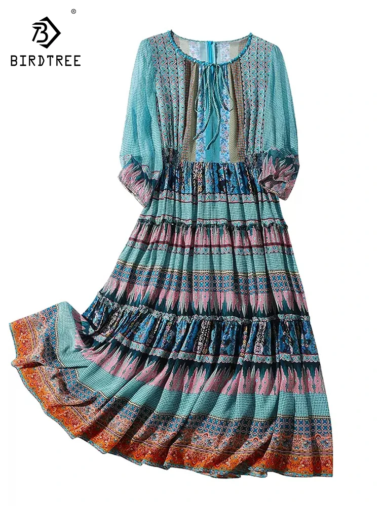 

Винтажное платье в этническом стиле Birdtree, 100% шелк тутового шелкопряда, осень 2023, длинное приталенное платье с рукавом до локтя и круглым вырезом на молнии D30739QC