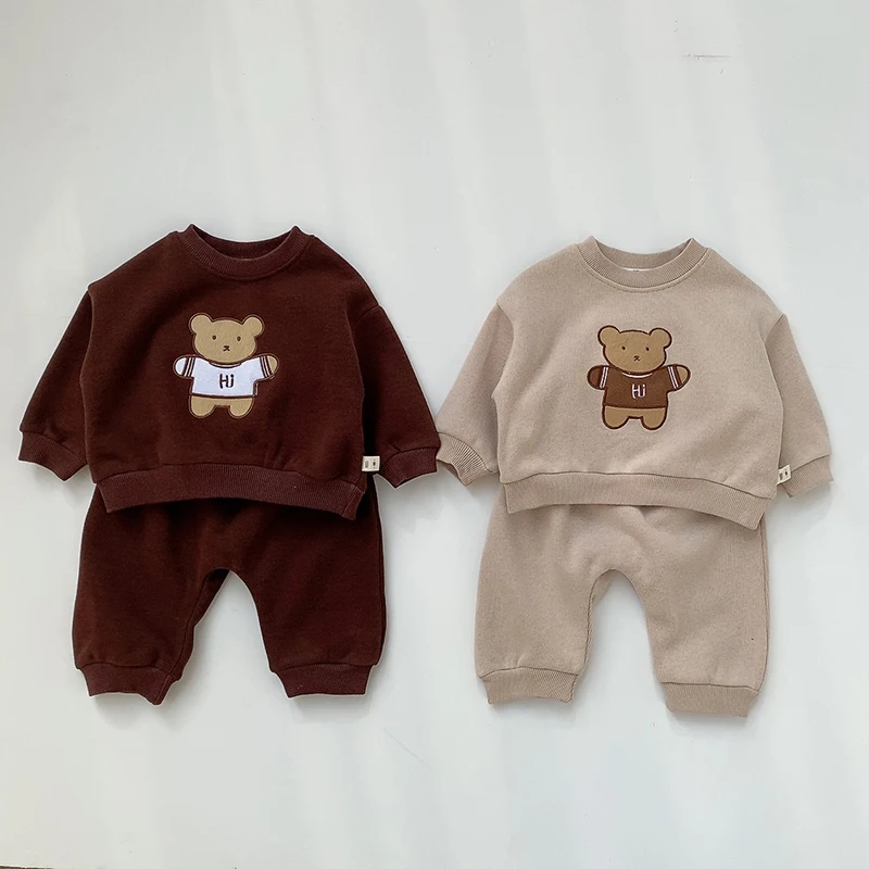 Autumn New Baby Sweatshirt Set Cute Bear Embroided Top for Boys and Girls Causal Outfits Children Two Pieces