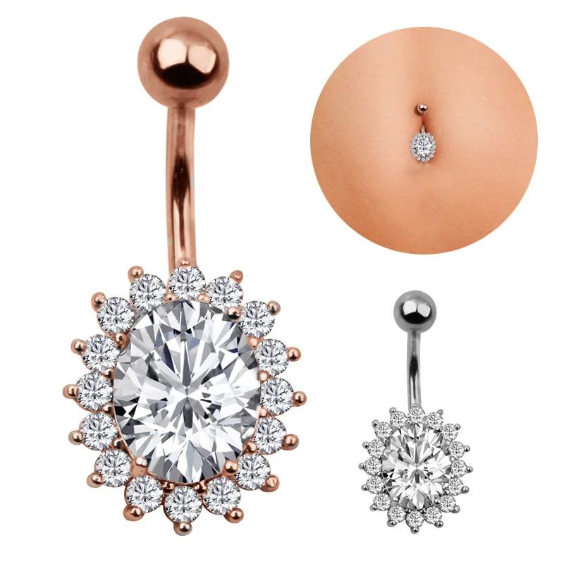 

WKOUD 1Pcs 316L Stainless Steel Crystal Flower Belly Button Ring CZ Fashion Silver Rose Gold Color Sexy Navel Piercing Jewelry