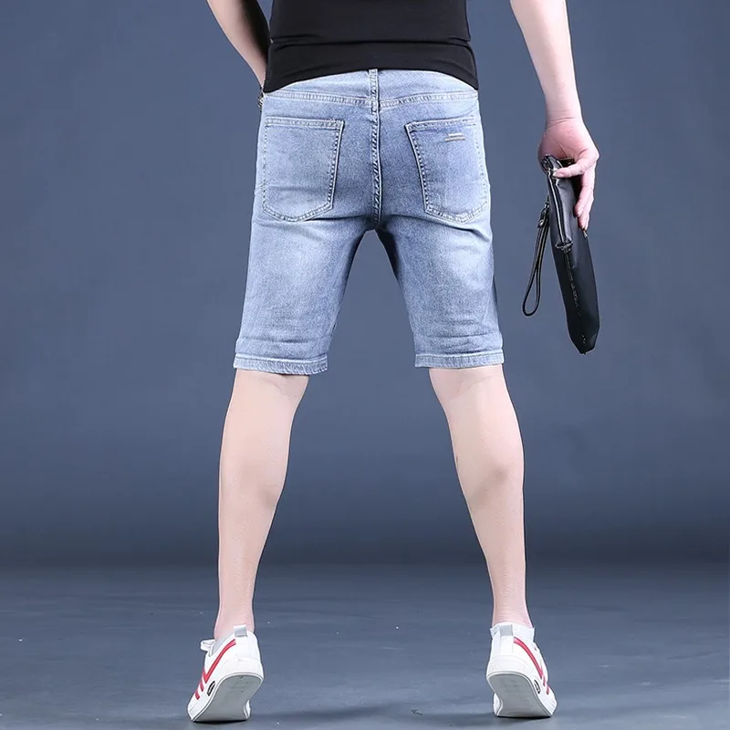 Summer Blue Shorts Ripped Jeans Men Streetwear Casual Regular Straight Denim Shorts