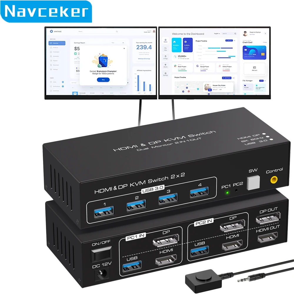Navceker 2x2 HDMI DP KVM переключатель 4K 120 Гц двойной монитор Расширенный дисплей 8K USB KVM переключатель 2 в 2 выхода для 2 компьютеров 2 монитора