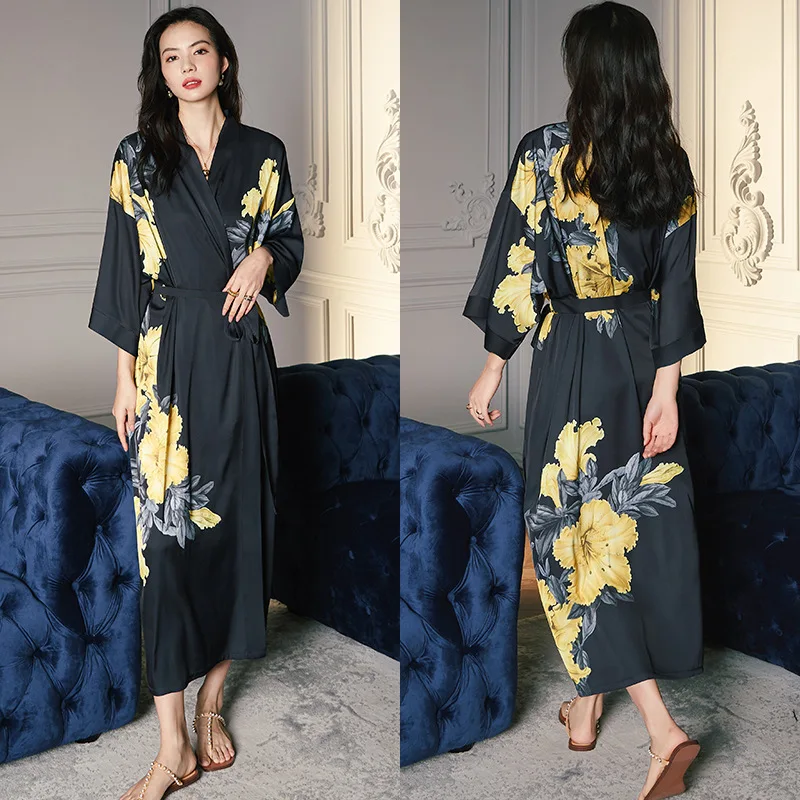 QSROCIO High Quality Women's Pajamas Long Robe Floral Sleepwear Silk Like Sexy Bathrobe Homewear Luxury Nightwear peignoir femme
