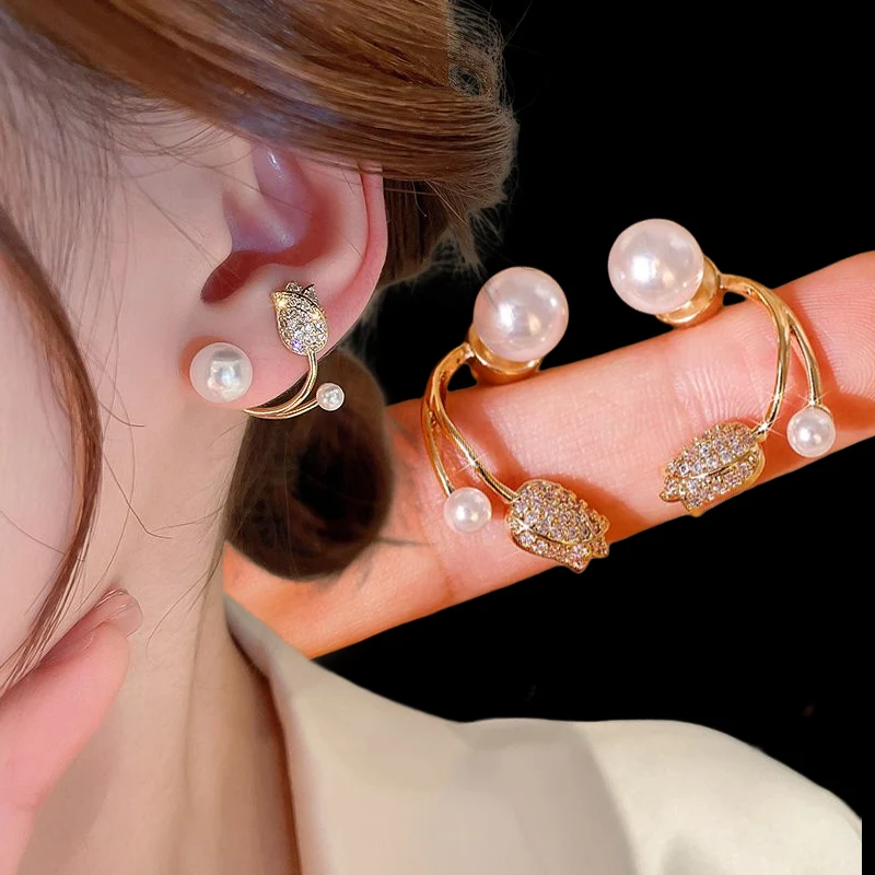 

French Light Luxury Gold Tulip Flower Pearl Stud Earrings For Women Korean Zircon Exquisite Earring Party Christmas Jewelry Gift