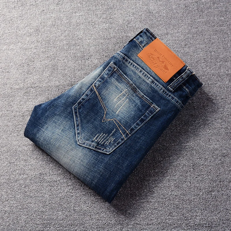 Fashion Designer Men Jeans Retro Dark Blue Elastic Slim Ripped Jeans Men Casual Trousers Embroidery Vintage Denim Pants Hombre