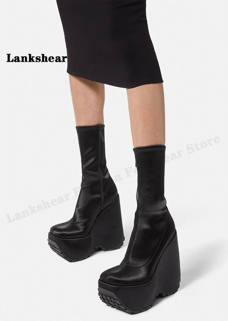 2022 New Round Toe Wedge Heel Thick Bottom Boots Super High Heel Slip On Satin Elastic Large Size Short Boots Women's Boots