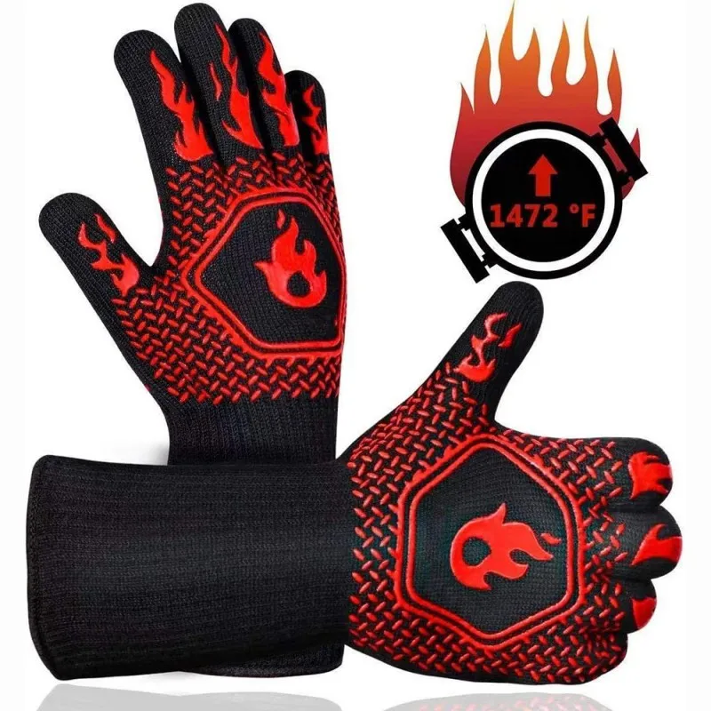 

High Temperature Resistant Silicone Gloves Flame Retardant Fiber Silica Gel Polyester Cotton Middle Flame Red Kitchen Tools