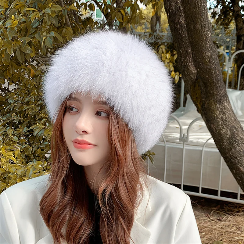 Natural Winter Fox Fur Hats Women Real Fox Knit Beanie Hat Balaclava Lady Winter Snow Cap Luxury Brand Caps Women's Knitted Cap