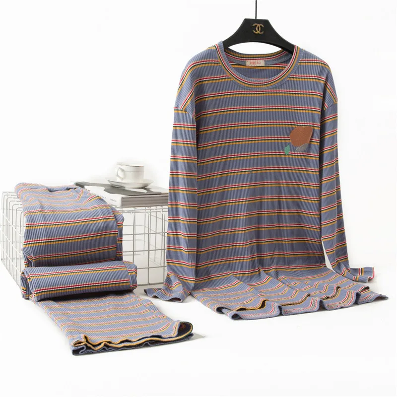 Simple Striped Fruit Pajamas Women's Spring Autumn Cotton Long Sleeve Pant Suit Korean Loose  Home Clothes Female Sleeping Set