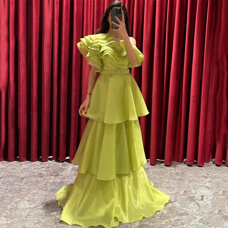 

UZN Elegant A-Line Prom Dress Sexy One Shoulder Evening Dress Ruffled Floor Length Saudi Arabia Wedding Ball Gowns Custom Size