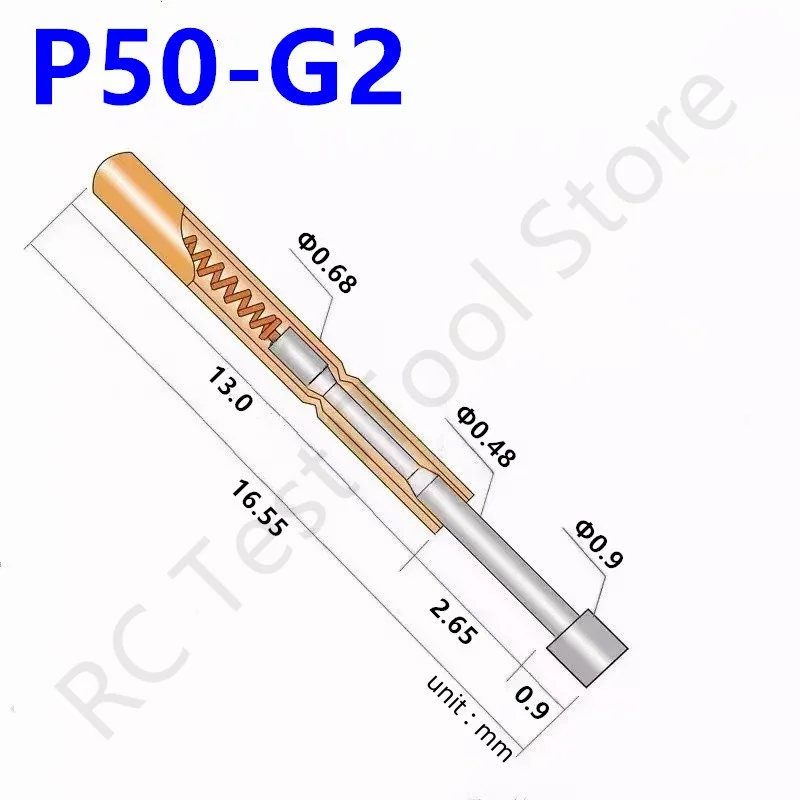 

100PCS Spring Test Probe P50-G2 Test Pin Copper Nickel Plated Electronic Spring Test Pin Head Dia 0.90mm P50-G Pogo Pin 0.68mm