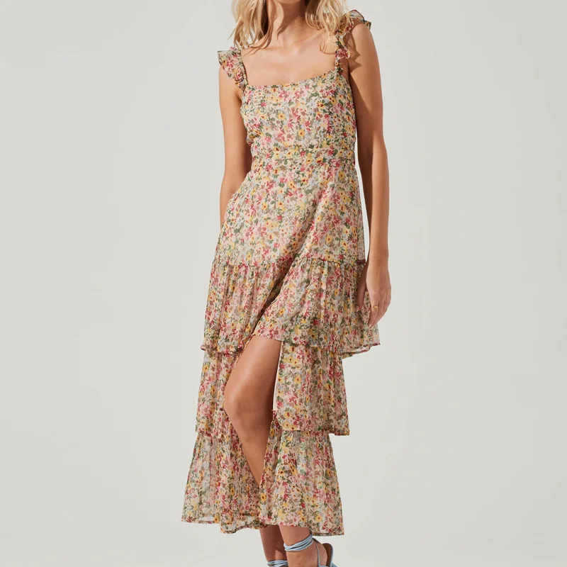 

Women Dress Summer Sexy Floral Print Dress Women's Edible Tree Fungus Spaghetti Strap Square Collar Backless Ruffle Slit Dress