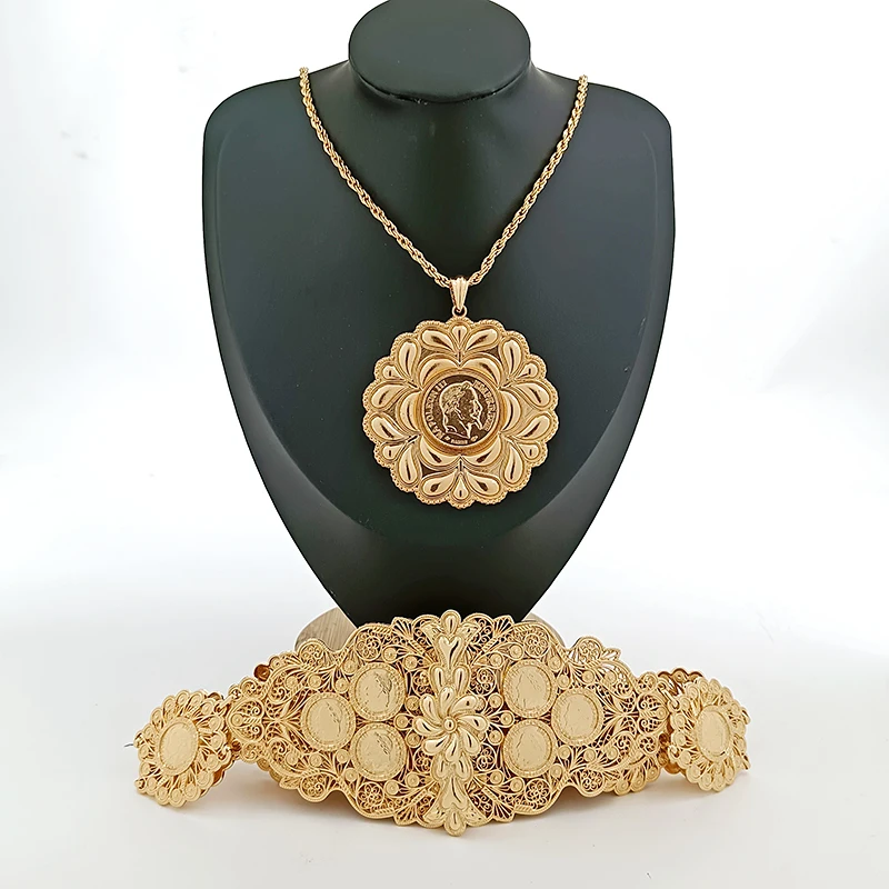 

Arab Wedding Jewelry Set Long Sleeve Belt Middle East Oman Iraqi Kurdistan Bridal Belt Gold Plated Pendant Female Necklace Set