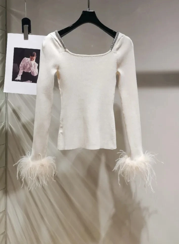 Новинка 2024 модная женская футболка Sprign высокого качества с белыми перьями без