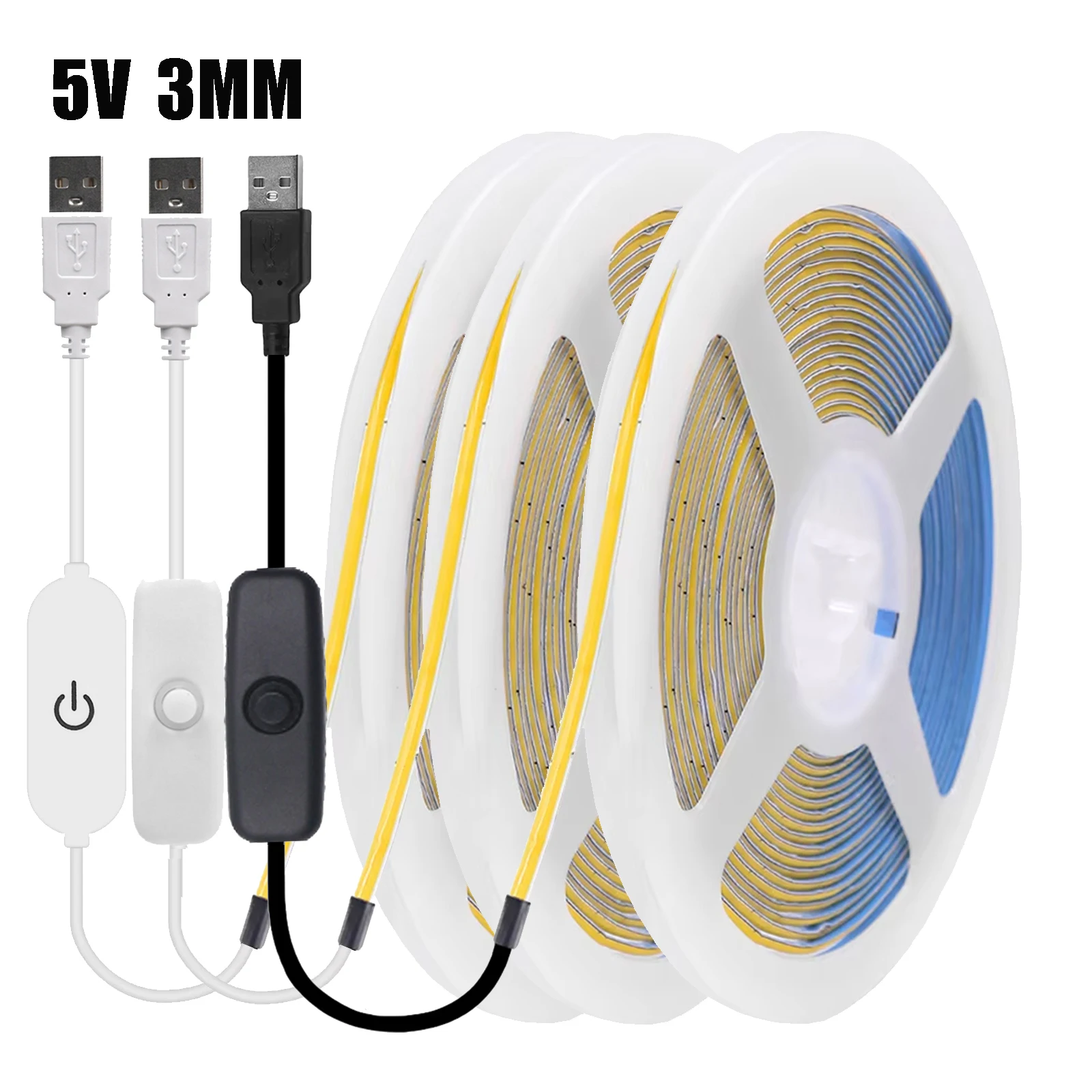 5V USB COB LED Strip Light 3mm Width Flexible Tape with Dimmer/ON OFF Switch 320LEDs High Density Linear Lighting for Decor