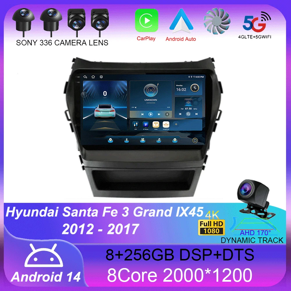 Автомобильный радиоприемник Android14 Carplay для Hyundai Santa Fe 3 Grand IX45 2012-2017 навигация GPS