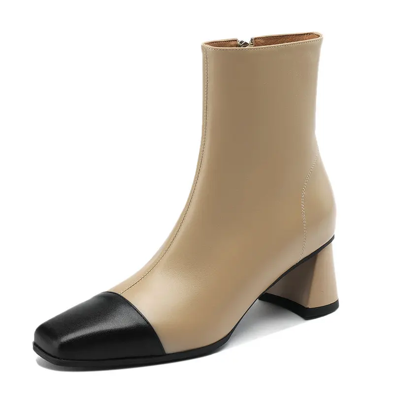 

Genuine Leather Women Ankle Boots Mixed Colors Square Toe High Heels Shoes Woman Dress Office Ladies Autumn Winter