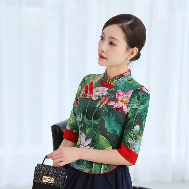 Новинка весна-лето 2024 блузка Ципао в китайском стиле с улучшенным цветочным