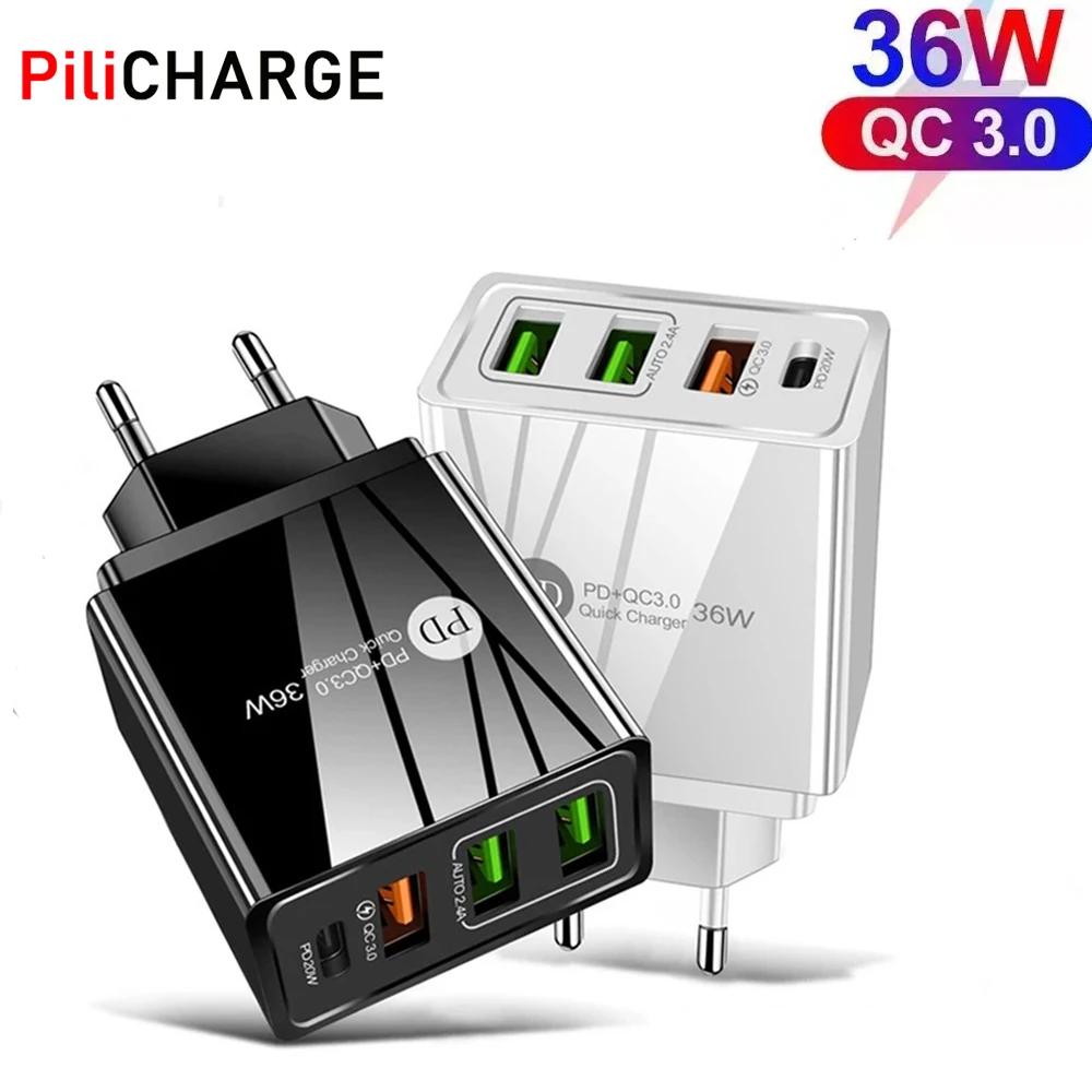 Fast Charging Mobile Phone Wall Charger PD 18W+QC 3.0 Multi Port USB Travel Adapter 3 USB-A 1 Type-C Support 4 Devices Charging