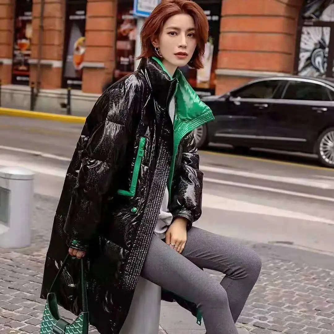 Winter Jacket Women Shiny Red Parkas Loose Down Cotton Coats Windproof Glossy Streetwear Female Clothing Thick Loose Waterproof