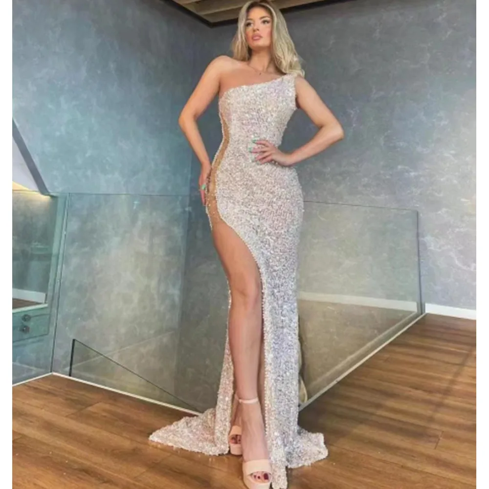 

Luxury Designer Women Party Dress Elegant One Shoulder High Split Sequined Beading Sparky Glitter Celebrity Evening Dresses