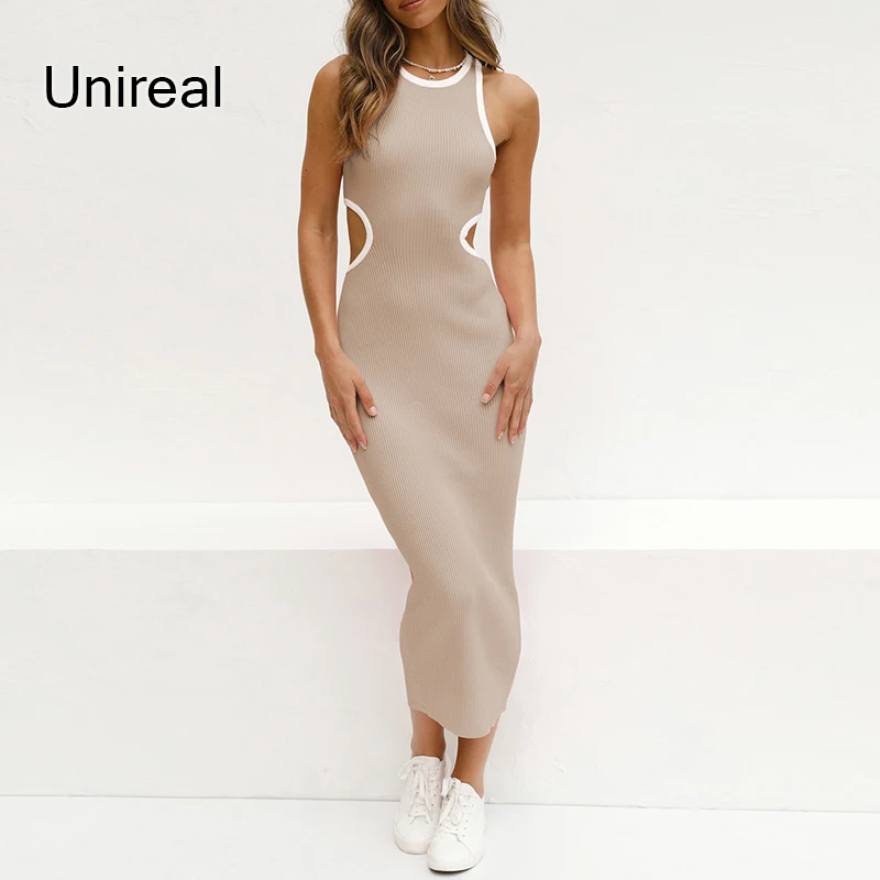 

Unireal 2022 Summer Autumn Women Long Knitted Dress Sleeveless Backless Fashion Solid Hollow Out Sexy Bodycon Pencil Dress