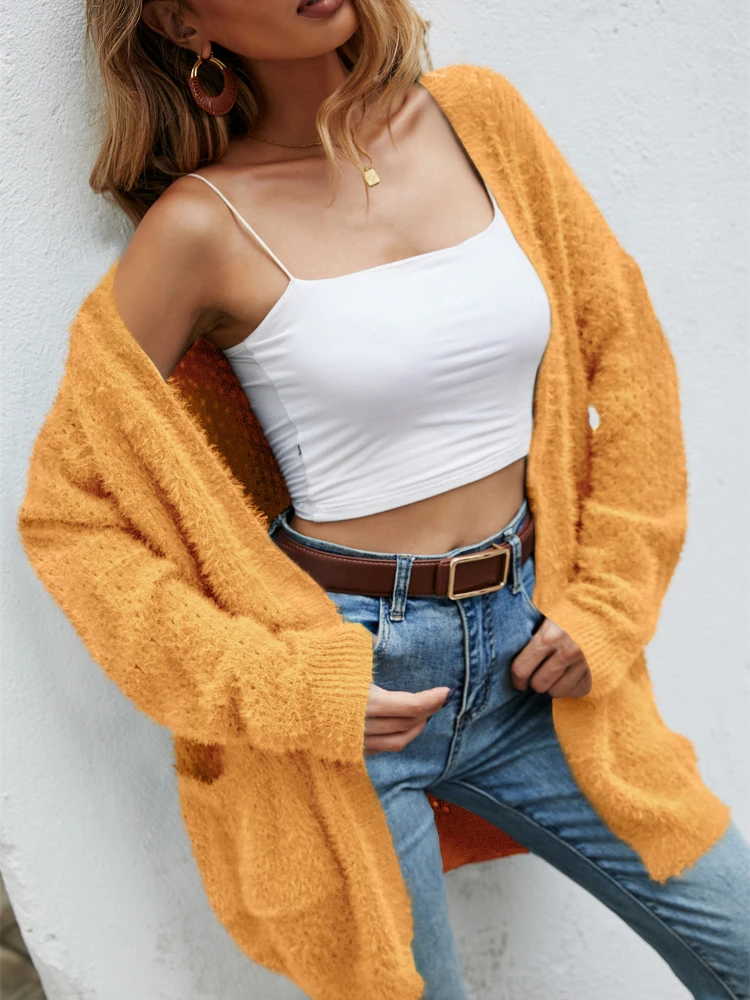 

Autumn Winter Women's Long Cardigan Oversized Sweater Korean Fashion Tops Pocket V-neck Loose Women Knitted Cardigan