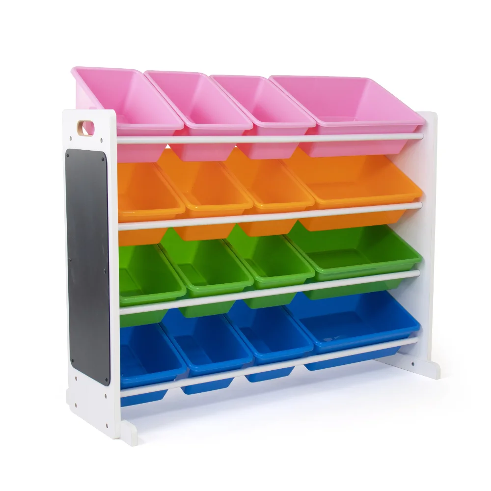 

Kids Wood Toy Storage Organizer with Chalkboard and 16 Multi Color Bins