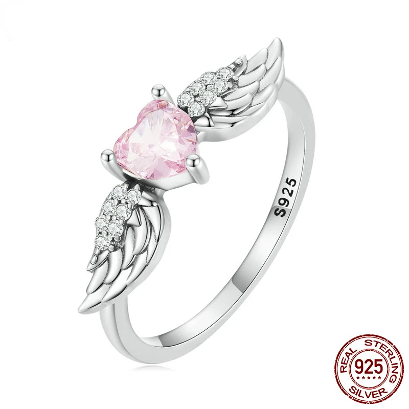 

925 Sterling Silver Pink Heart Zirconium Ring for Women Fine Jewelry Angel Wing Ring Eternity Band Wedding Gift SCR874