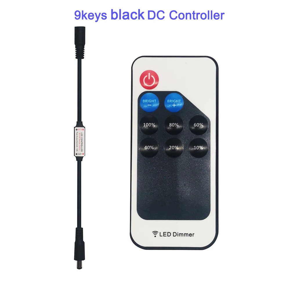 

DC5-24V Mini DC Wire 9 Keys Dimmer Led Controller With RF Remote Wireless for 5050 5730 2835 Single Color Strip Light Neon Tube