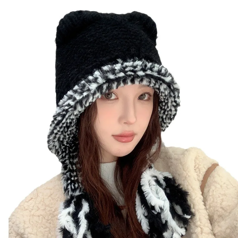 Осень и зима Новая плюшевая вязаная шапка с кошачьими ушками двойным хвостом.