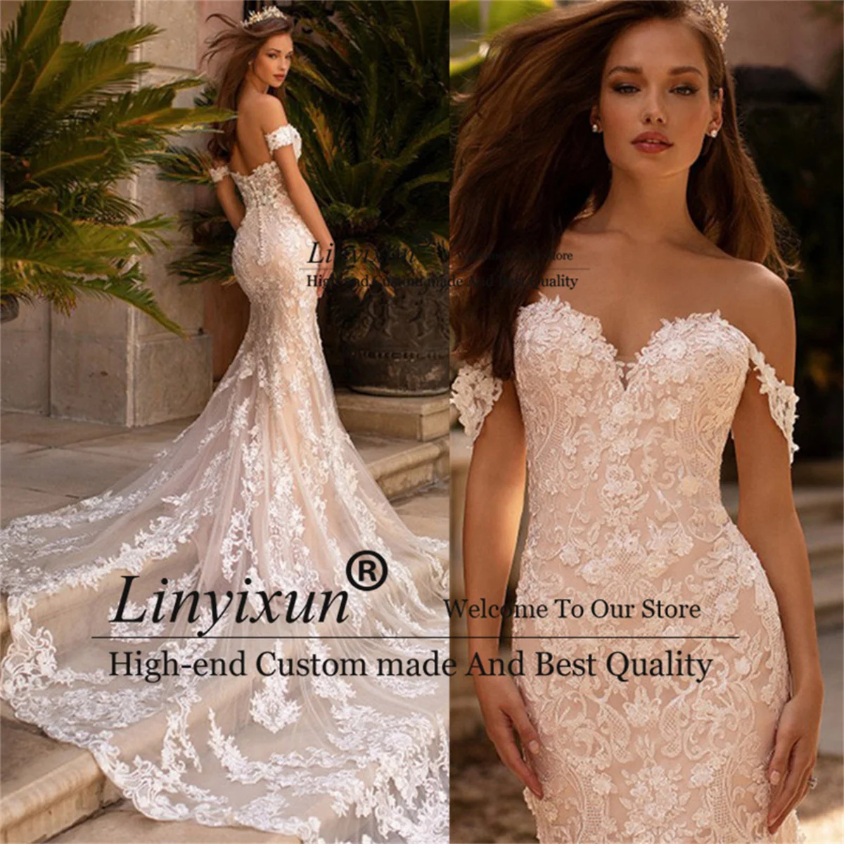 

Женское свадебное платье It's yiiya, белое кружевное платье со шлейфом и круглым вырезом на пуговицах на лето 2019