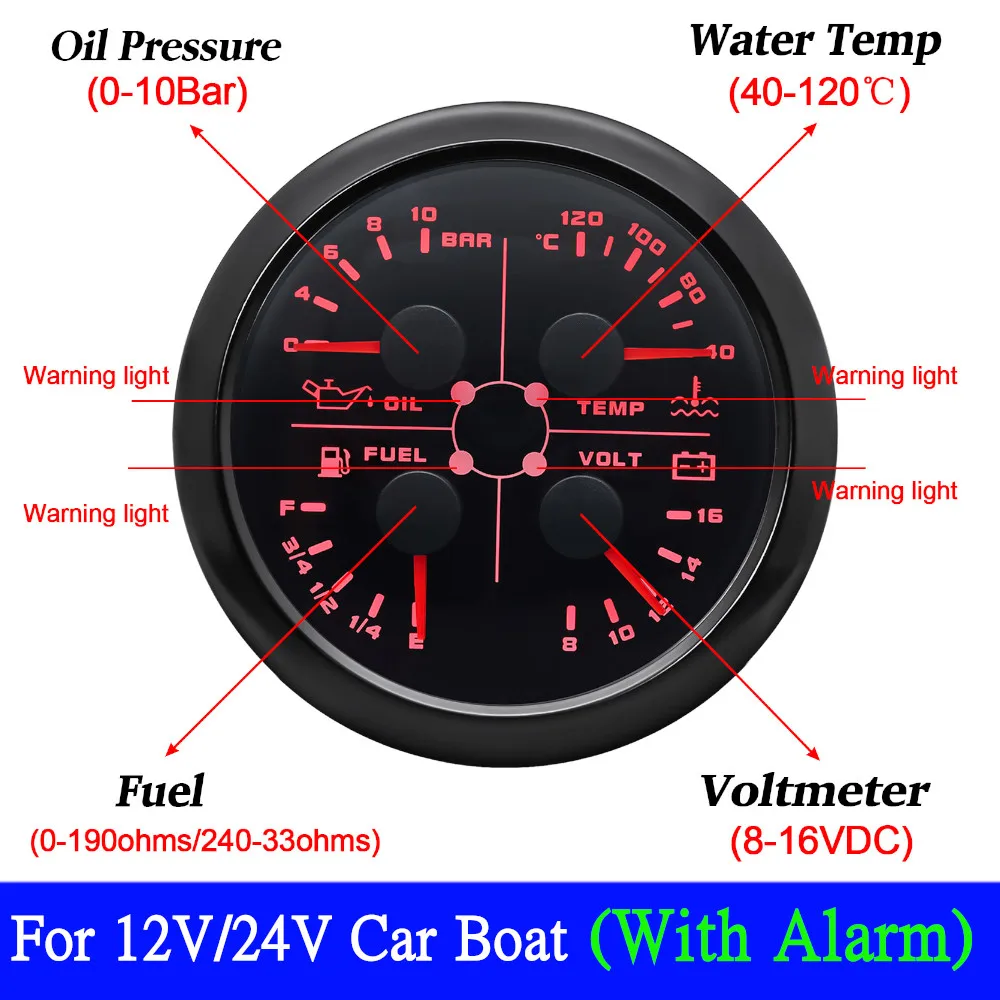 

НОВЫЙ 85 мм измеритель температуры воды давление масла напряжение уровня топлива 4в1 многофункциональный датчик давления масла для автомобиля лодки 8 ~ 16 В
