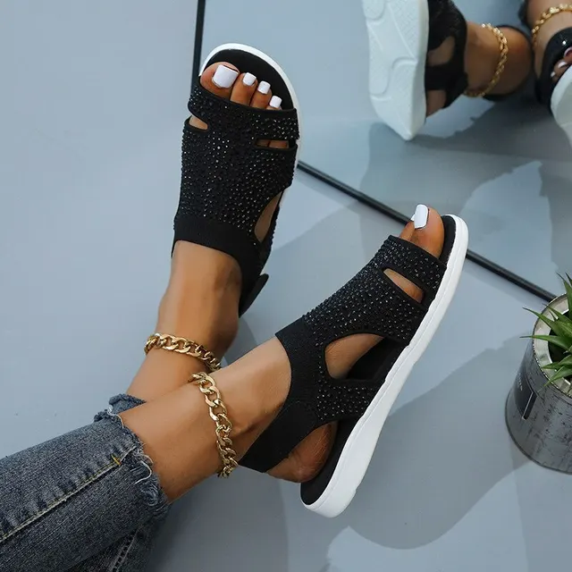 Summer Women Shoes Woven Fish Mouth Sandals Breathable Large Size Hollow Rhinestone Casual Buckle Strap Ladies 3