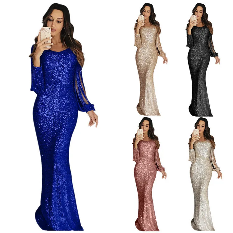 

Women's Gown Evening dress long sleeves tassel evening dress