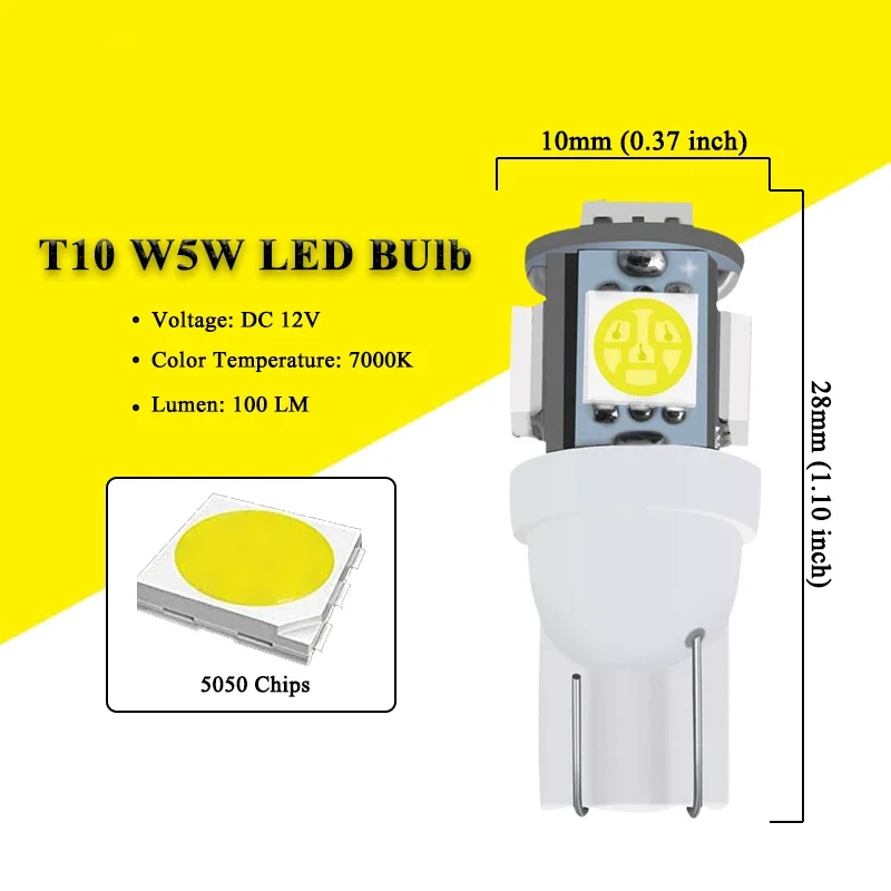 Фото 1000 шт. светодиодных ламп T10 W5W 5050 с 5 SMD LED, белые, синие, красные, желтые, зеленые, 194, 168, суперяркие клиновидные лампы, 12В, 24В №2