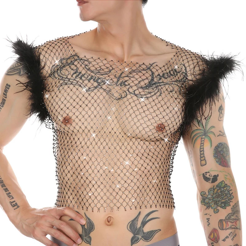 Мужская Женская Сексуальная сетчатая майка из Croptop блестящая одежда для бондажа