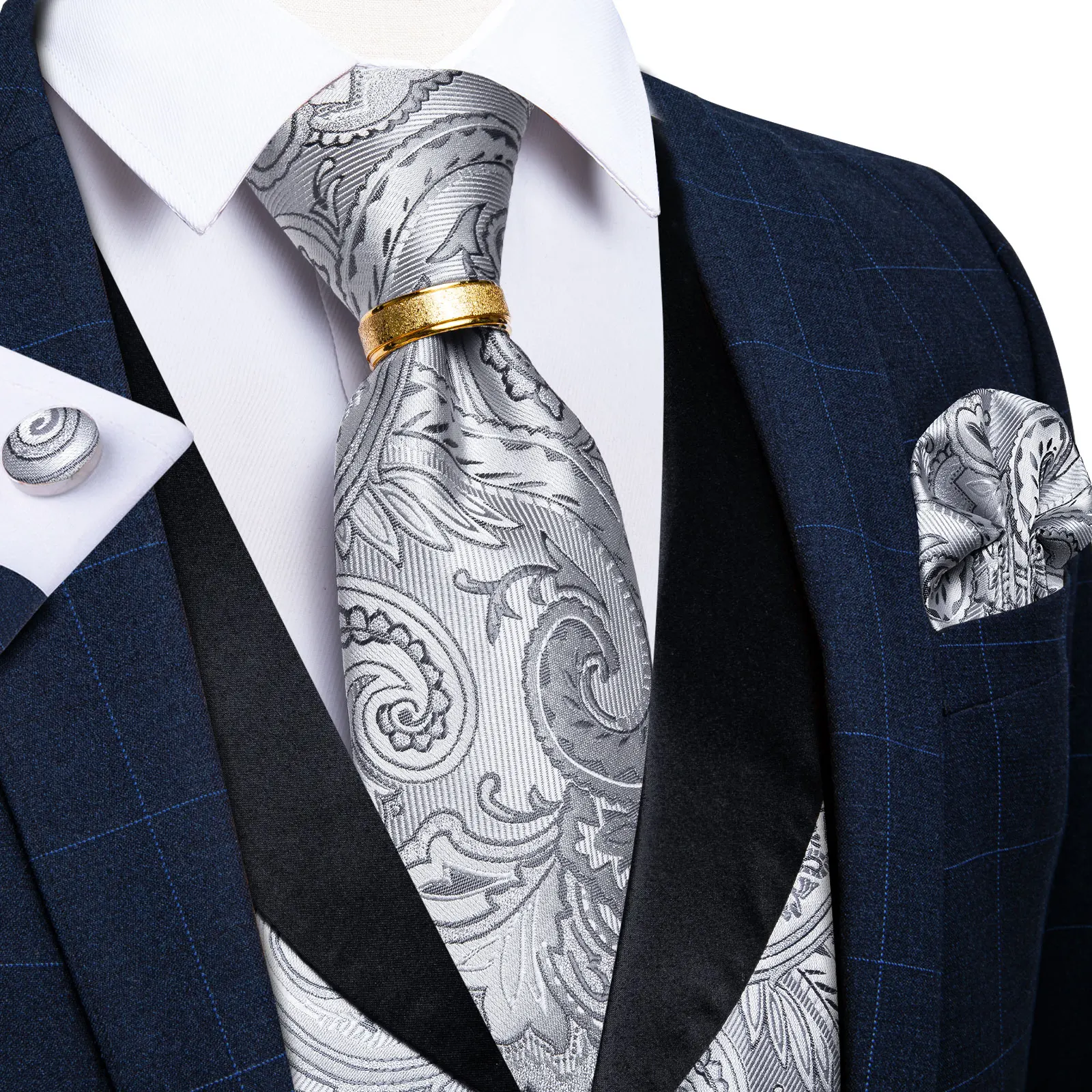 

2022 New Men's Formal Vests Silk Silver White Paisley Jacquard Suit Vest Tie Ring Set for Wedding Party Man Formal Clothes