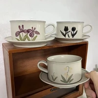 japanese style ceramic coffee mug and plate set 380ml tea cup sacer set flower pattern lily of the valley