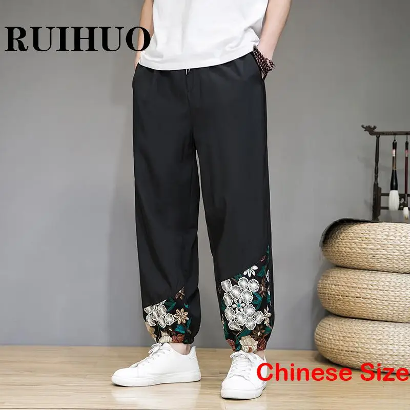 

RUIHUO Ice Silk Embroidered Men's Pants for Man Hip Hop Pant Korean Style Clothes Sweatpant Harajuku Mens Clothing Work Wear 5XL