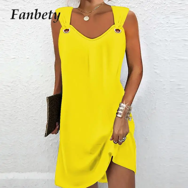 

Женское однотонное свободное платье-трапеция с пряжкой, летнее платье-пуловер на бретелях-спагетти без рукавов, повседневное женское свободное мини-платье, 2023