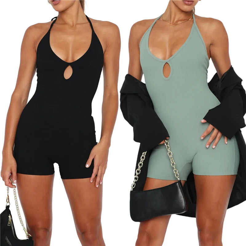 

Женский однотонный комбинезон, облегающий короткий комбинезон без рукавов, с завязкой на шее, с низким вырезом и открытой спиной, летние комбинезоны