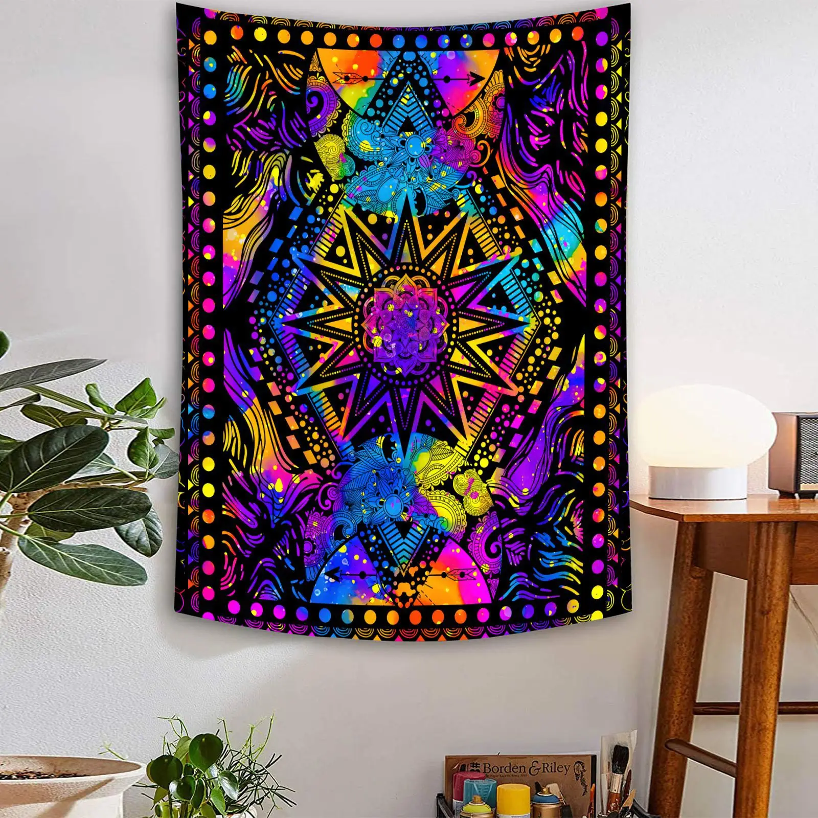 

Психоделический гобелен в стиле бохо с изображением мандалы и солнца, настенный гобелен в стиле ретро, хиппи, богемный гобелен на стену для ...
