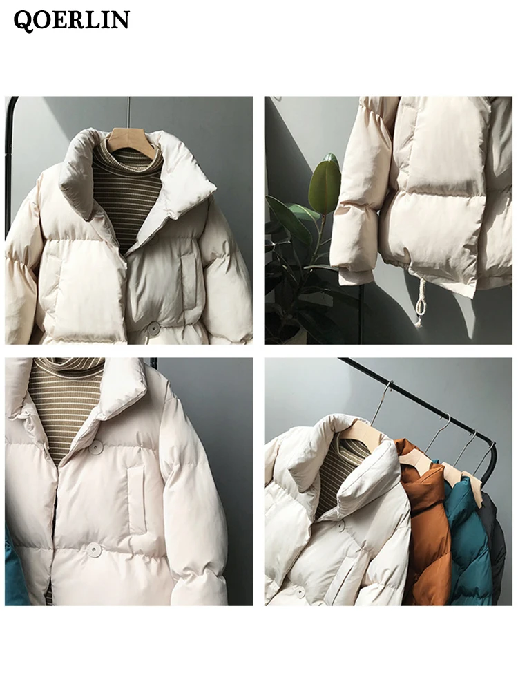 QOERLIN Thick Warm Winter Puffer Jacket Women Stand Collar Button Down Oversized Coat Female Solid Color Long Sleeve Overcoat
