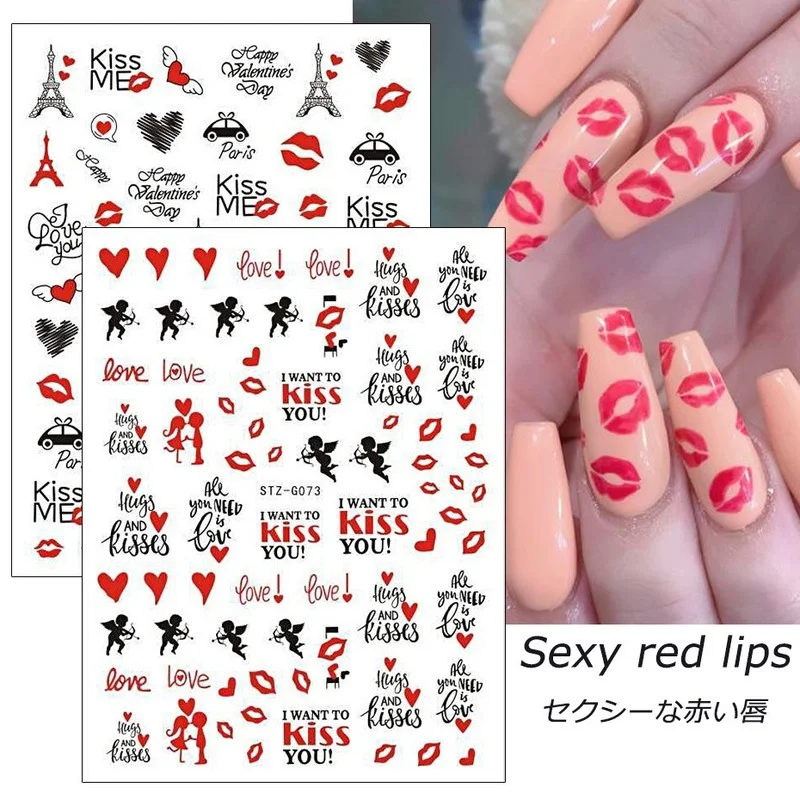 

Trendy Japanese 3D Valentine's Day Nail Art Sticker Decor Cupid Red Lips Heart Kiss Rose Flower Nail Decoration God of Love