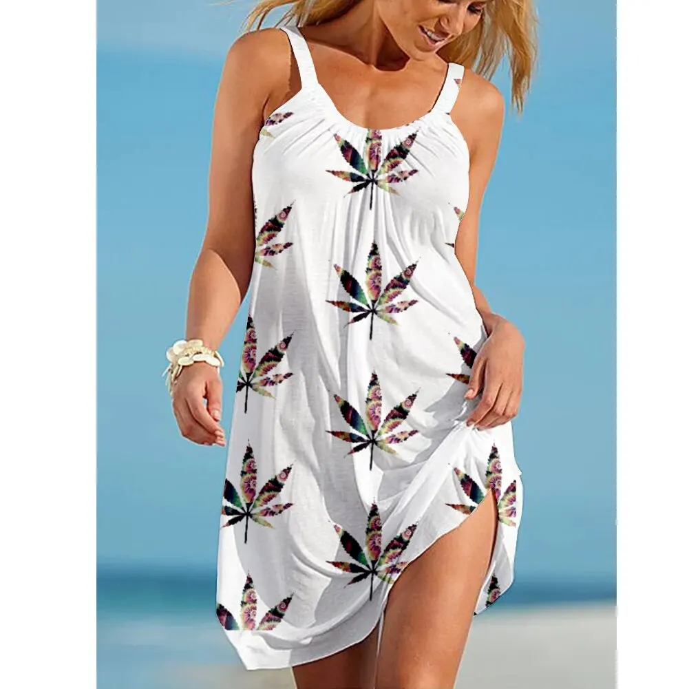 

Women's High Waist Dresses Maple Leaf 3d Print Dress Sleeveless Sling Hawaii Beachwear Knee-Length Bohomian Lady Holiday Clothes