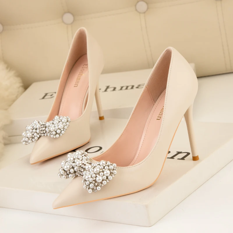 2022 Wedding Shoes Women Elegant Pointed Toe Pearl Bowknot Pumps Pu Shallow Fashion High Heels Shoes Party Office Shoes Woman