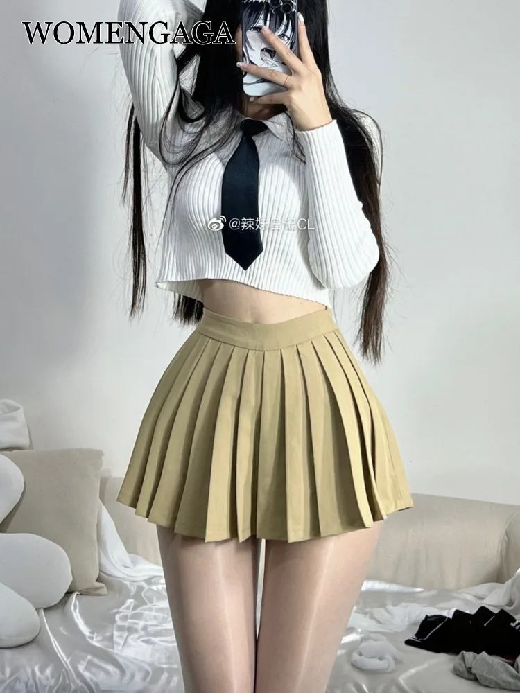 

WOMENGAGA Preppy Style Mini Pleated Skirt High Waist A-line Skirt Super Short Women Summer JK Skorts Lolita Sexy Girl Sweet HWI5